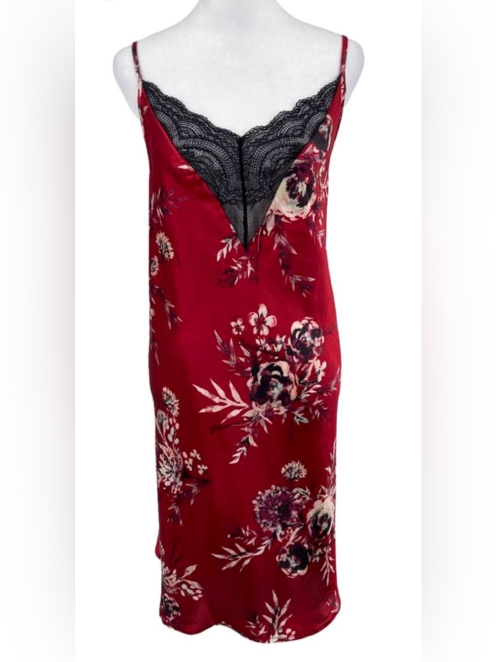 Gilligan & O'Malley Red Floral and Black Lace Sleep Slip Chemise - Size Large